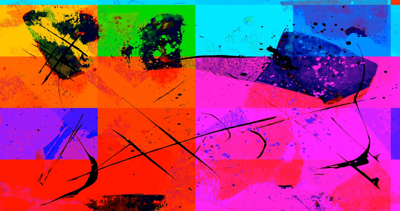 Dynamic abstract artwork featuring vibrant colors and splattered paint patterns.